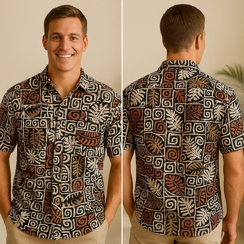 Bishop St. Made in Hawaii Cotton Aloha Shirt M Black Brown White Tribal Print